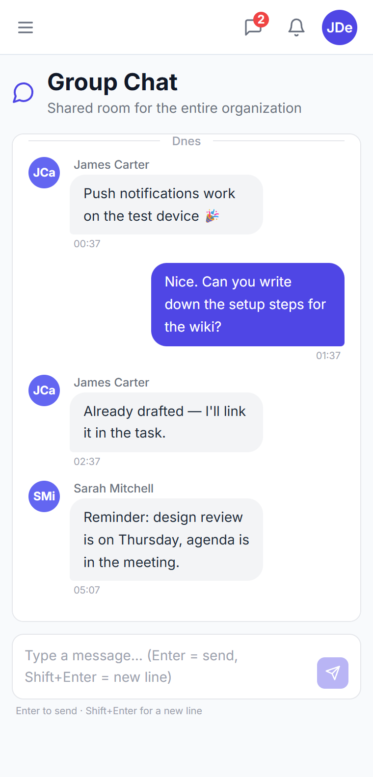 Company chat in CTM — team conversation in the shared organisation room