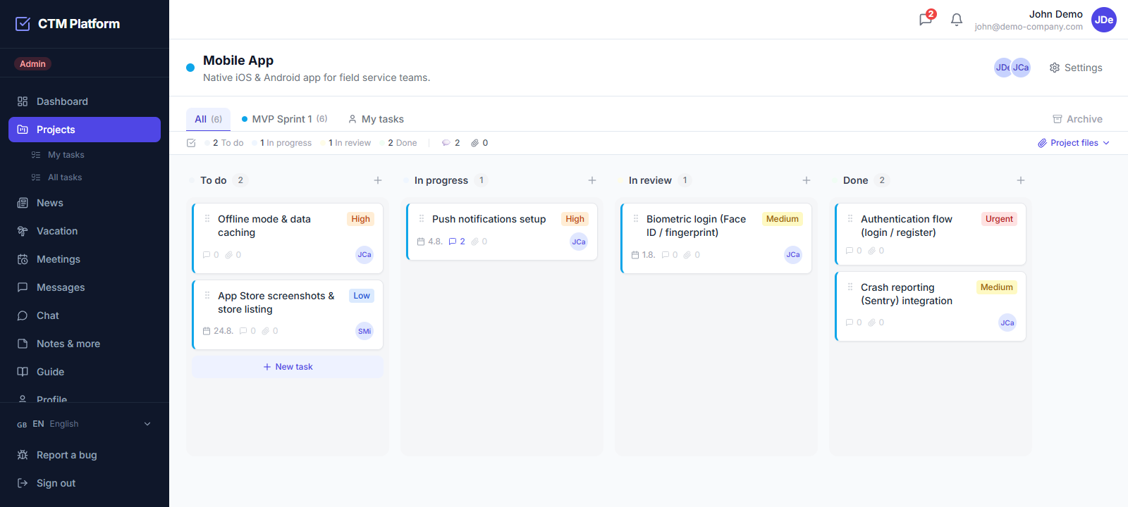 Project kanban board in CTM — To Do, In Progress, In Review and Done columns with task cards