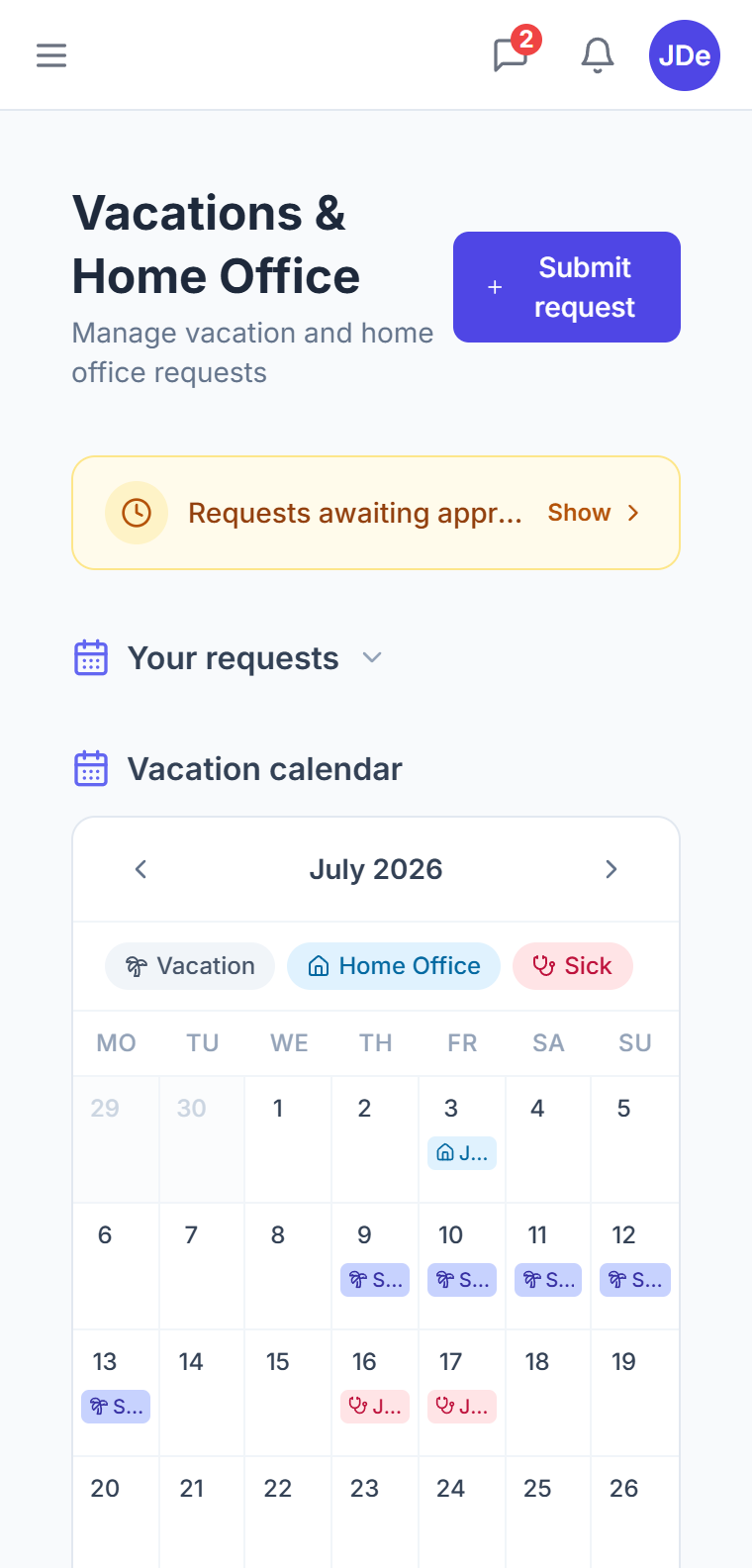 Leave calendar in CTM — monthly overview of holidays, home office and sick days across the team