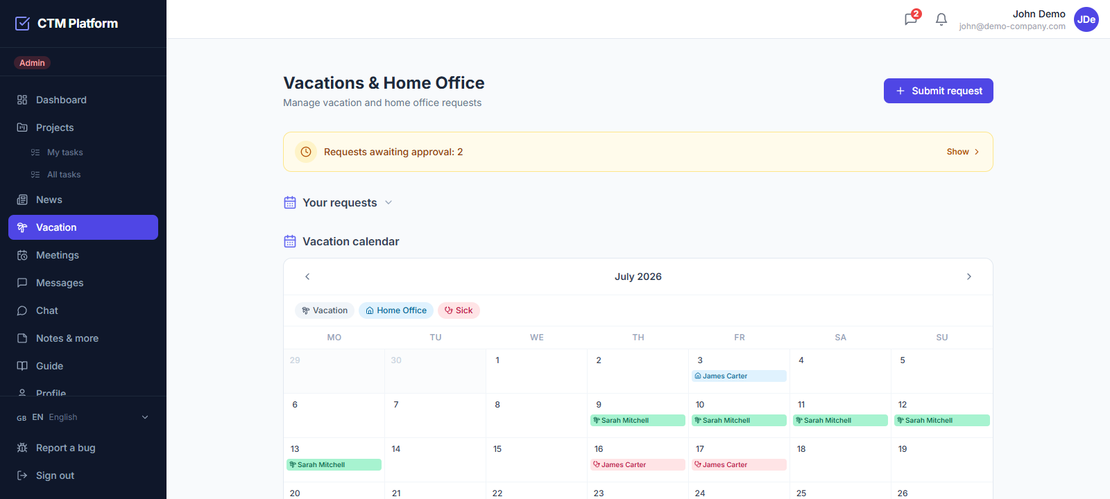 Leave calendar in CTM — monthly overview of holidays, home office and sick days across the team